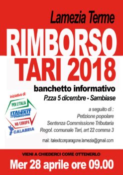 Lamezia Terme, domani banchetto informativo in piazza 5 Dicembre per rimborso Tari