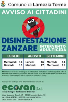 Lamezia Terme, calendario interventi di disinfestazione antilarvale ed adulticida 