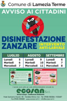 Lamezia Terme, calendario interventi di disinfestazione antilarvale ed adulticida 