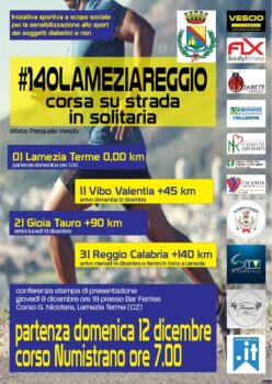 Il 12 dicembre la #140lameizareggio del runner lametino Pasquale Vescio per sensibilizzare i soggetti affetti da diabete