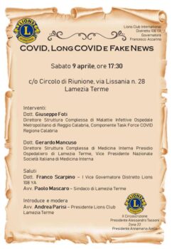 Il 9 aprile convegno organizzato dal Lions Club Lamezia Terme dal titolo “Covid, long covid e fake news” 