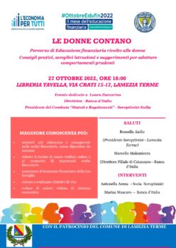 Lamezia, Soroptimist promuove oggi incontro su Educazione finanziaria “Le donne contano”