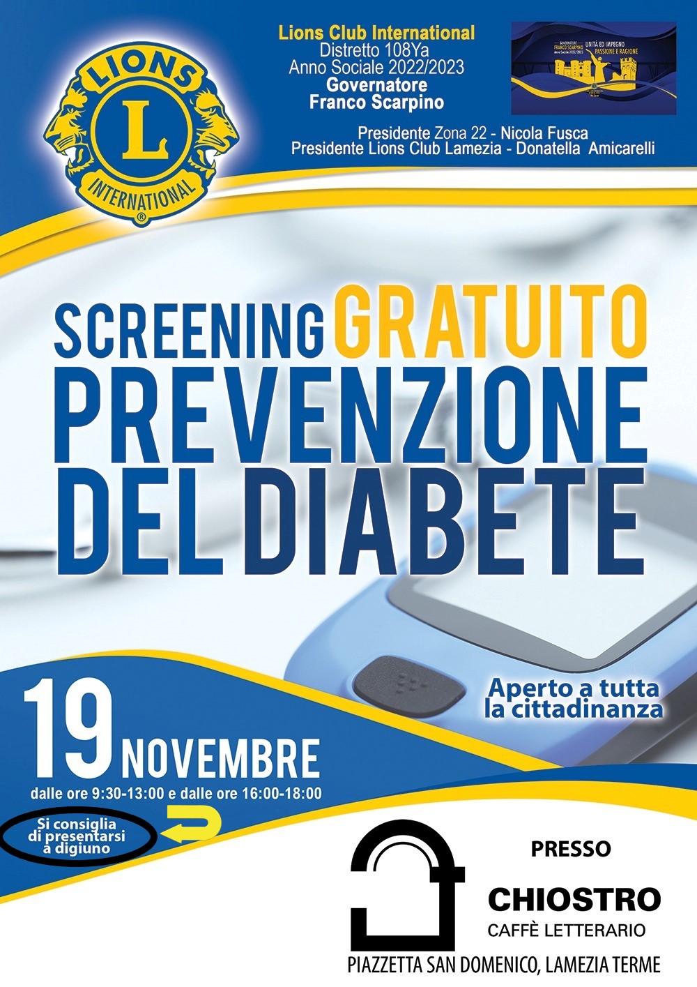 Lamezia, Lions Club organizza per domani screening gratuito per la prevenzione del diabete