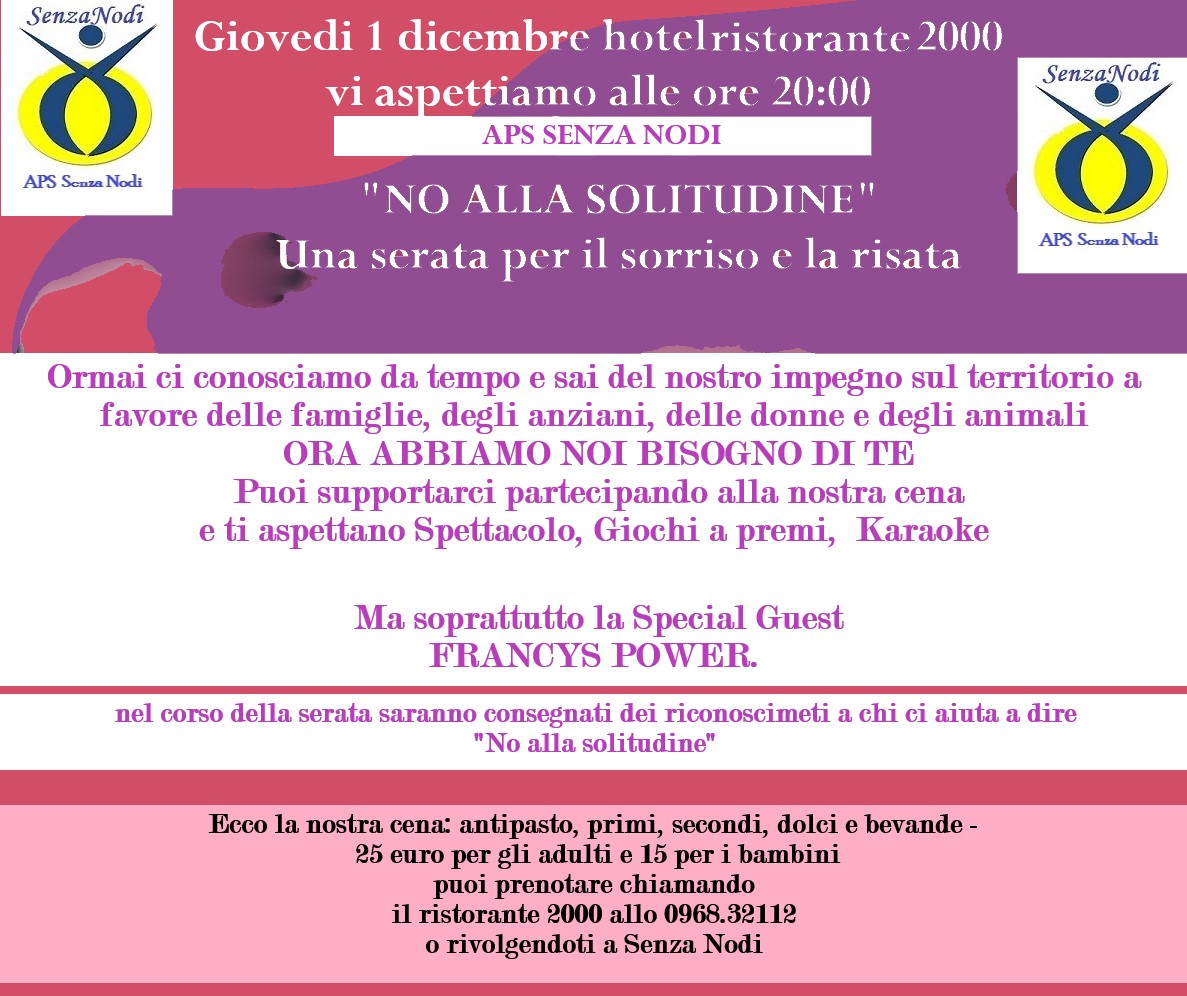 Pianopoli, Senza Nodi presenta “No alla solitudine. Una serata per il sorriso e la risata”