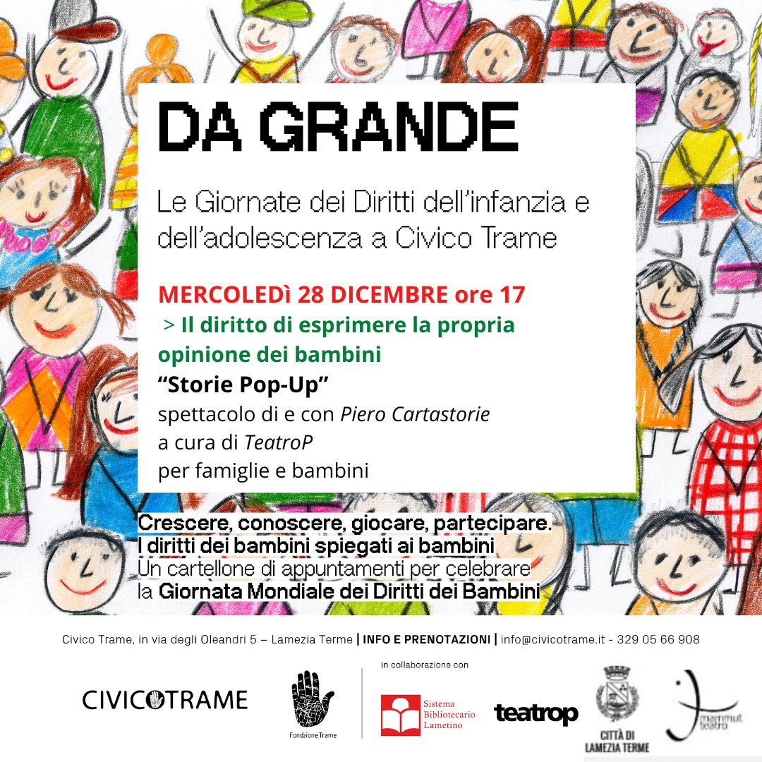 Le storie pop-up di Piero Cartastorie domani concludono  “Da Grande. Le Giornate dei Diritti dell’infanzia e dell’Adolescenza” a Civico Trame