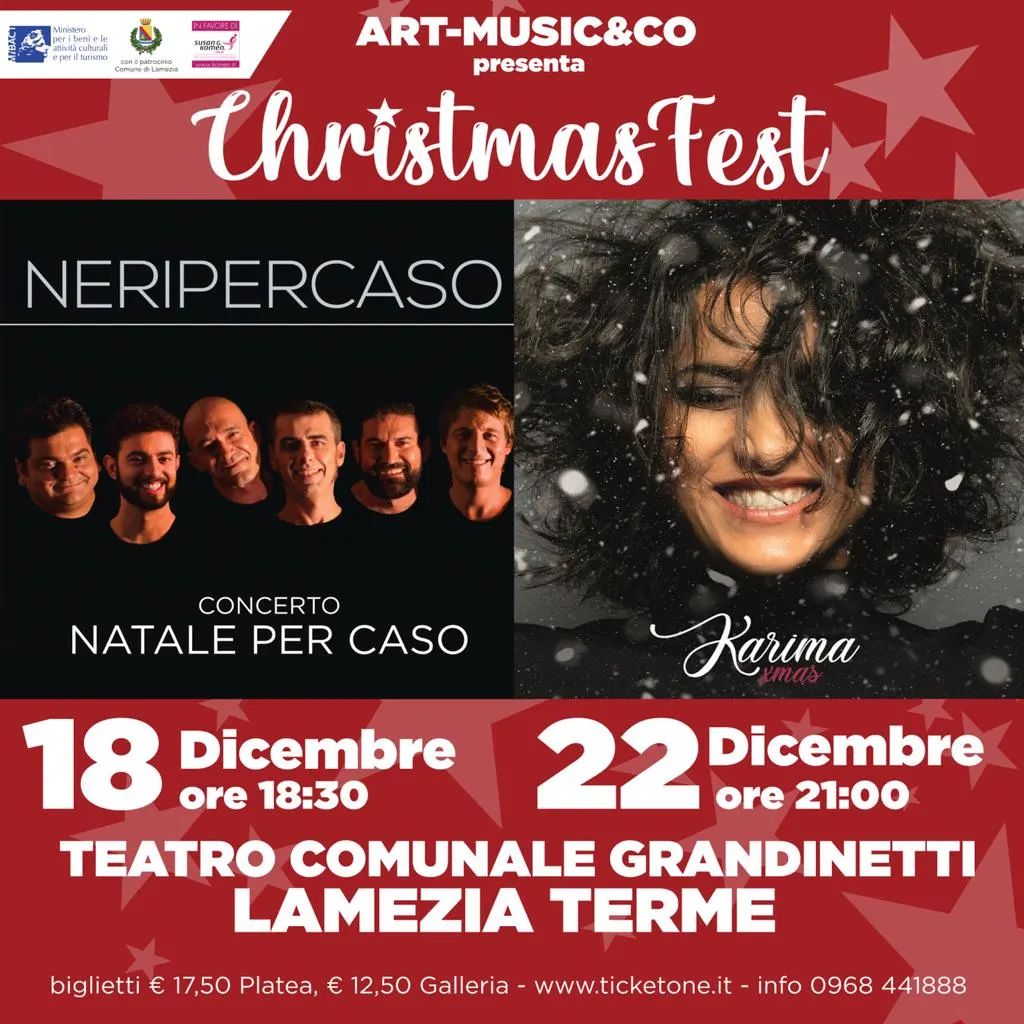 "Lamezia Christmas Fest" con Karima e i Neri Per Caso, rassegna dedicata alla lotta al tumore al seno