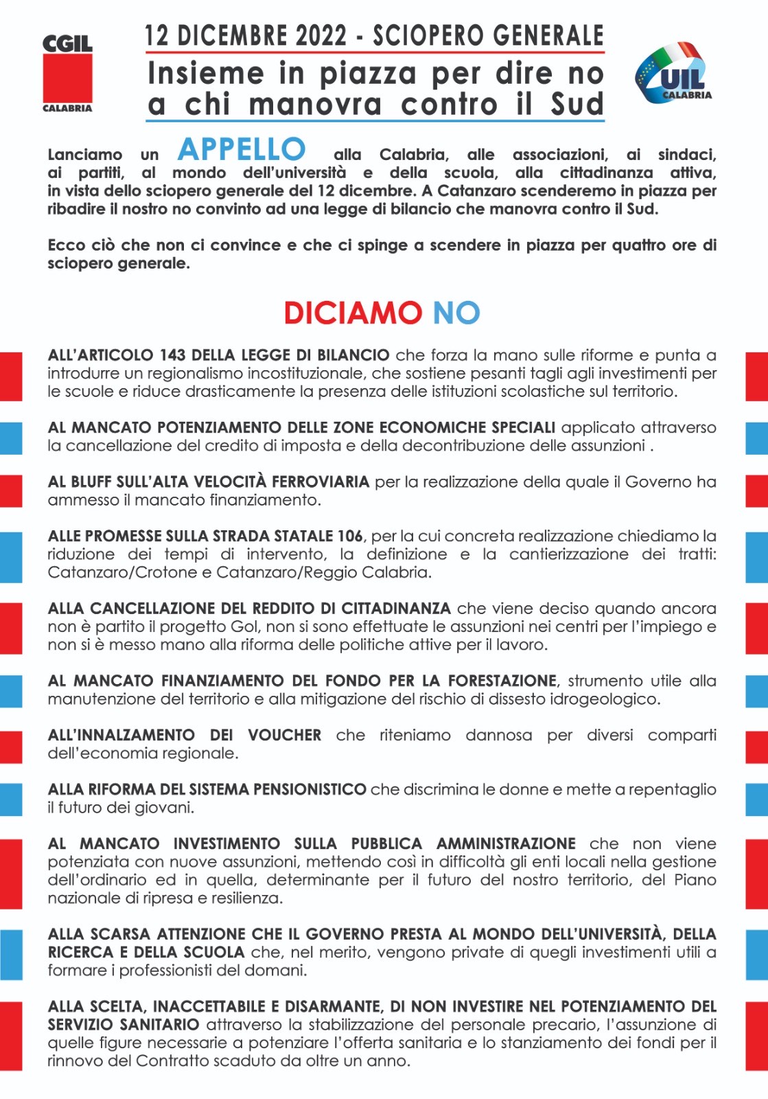 Il 12 dicembre lo sciopero indetto da Cgil e Uil Calabria contro la manovra finanziaria