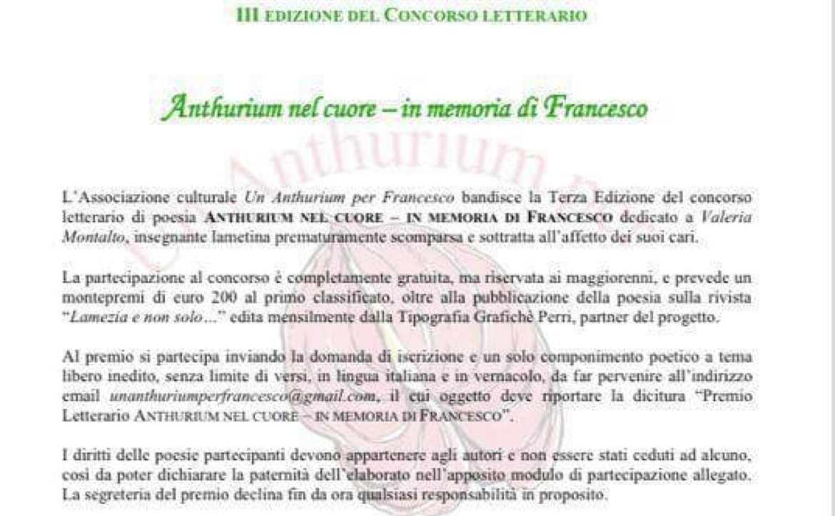 Lamezia, bando terza edizione del concorso letterario di poesia “Anthurium nel cuore – in memoria di Francesco” dedicato a Valeria Montalto