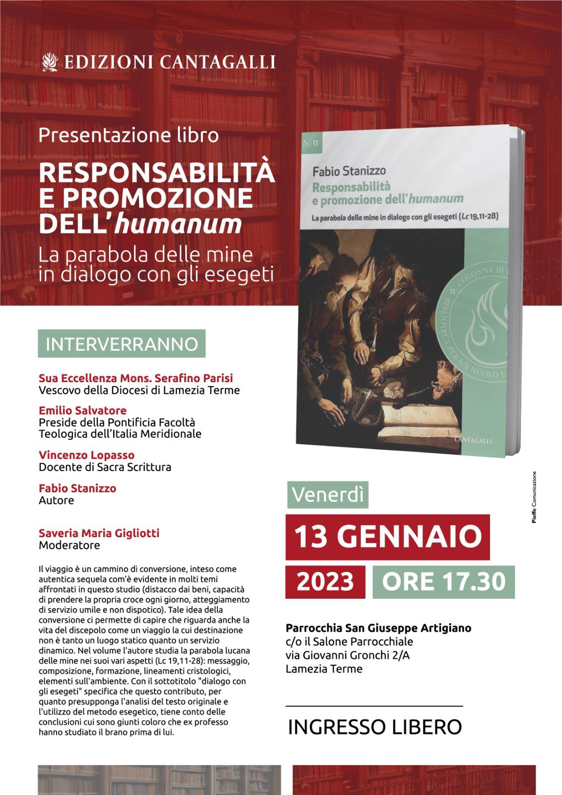 Lamezia, il 13 gennaio presentazione del libro di don Fabio Stanizzo "Responsabilità e promozione dell'humanum"