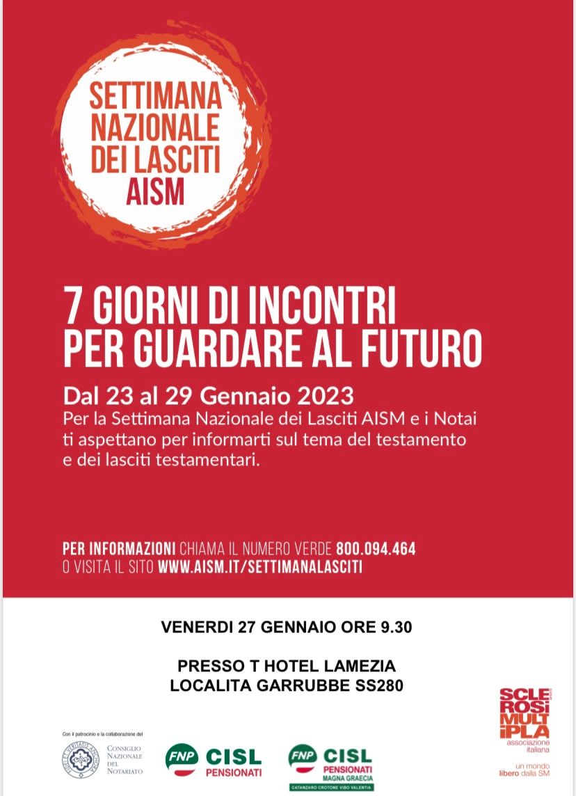 Settimana dei Lasciti AISM, il 27 gennaio convegno a Lamezia