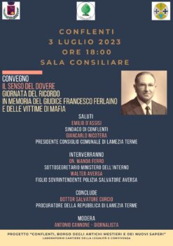 A Conflenti il 3 luglio “Giornata del ricordo in memoria del giudice Francesco Ferlaino e delle vittime di mafia”