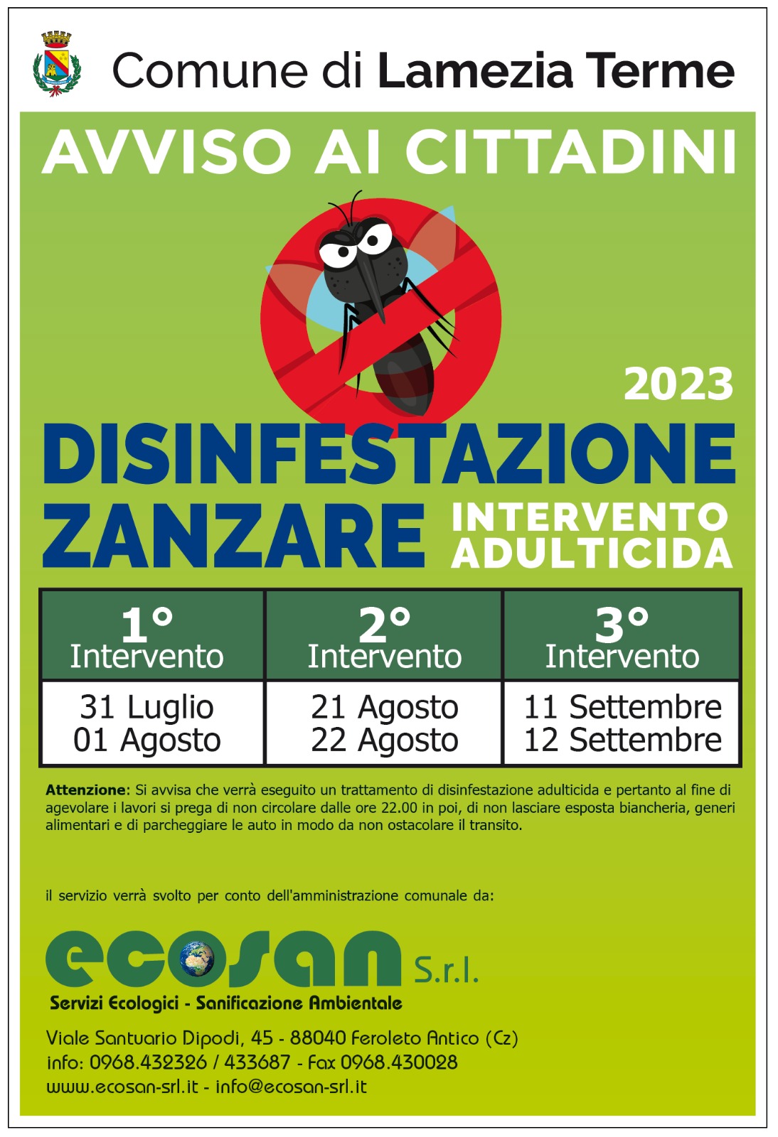 Lamezia, il calendario della disinfestazione adulticida in città