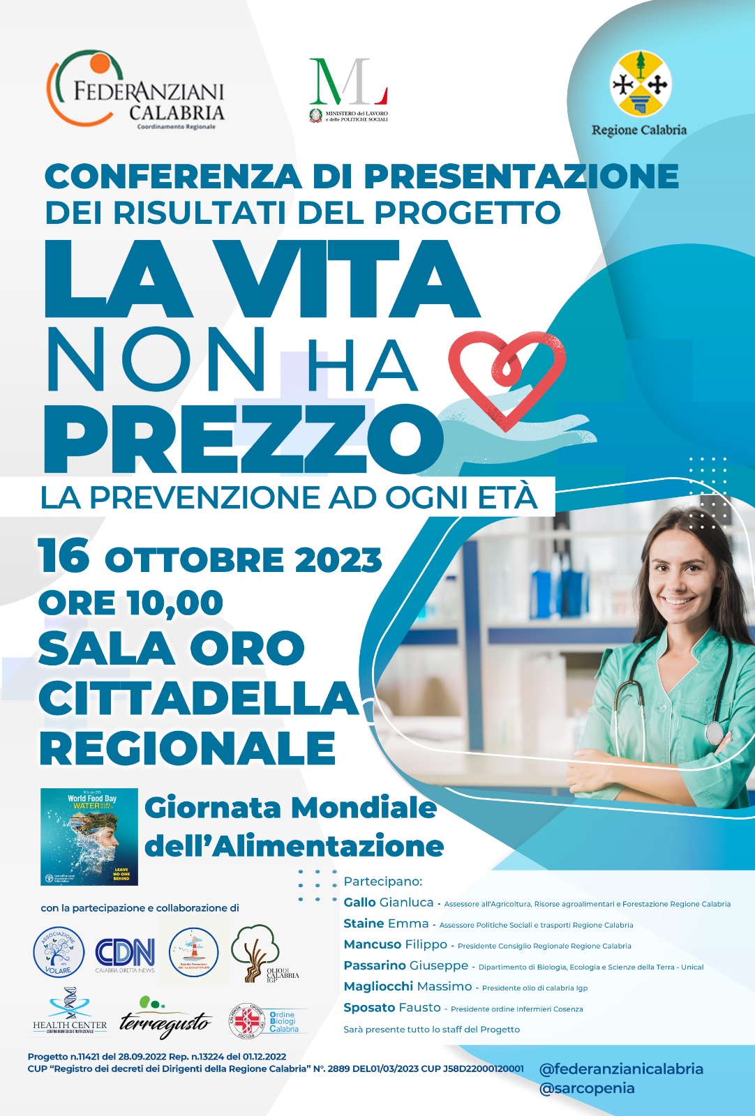 “La vita non ha prezzo”, il 16 ottobre alla cittadella regionale incontro sulla sarcopenia ed i risultati del progetto di Federanziani Calabria e Volare