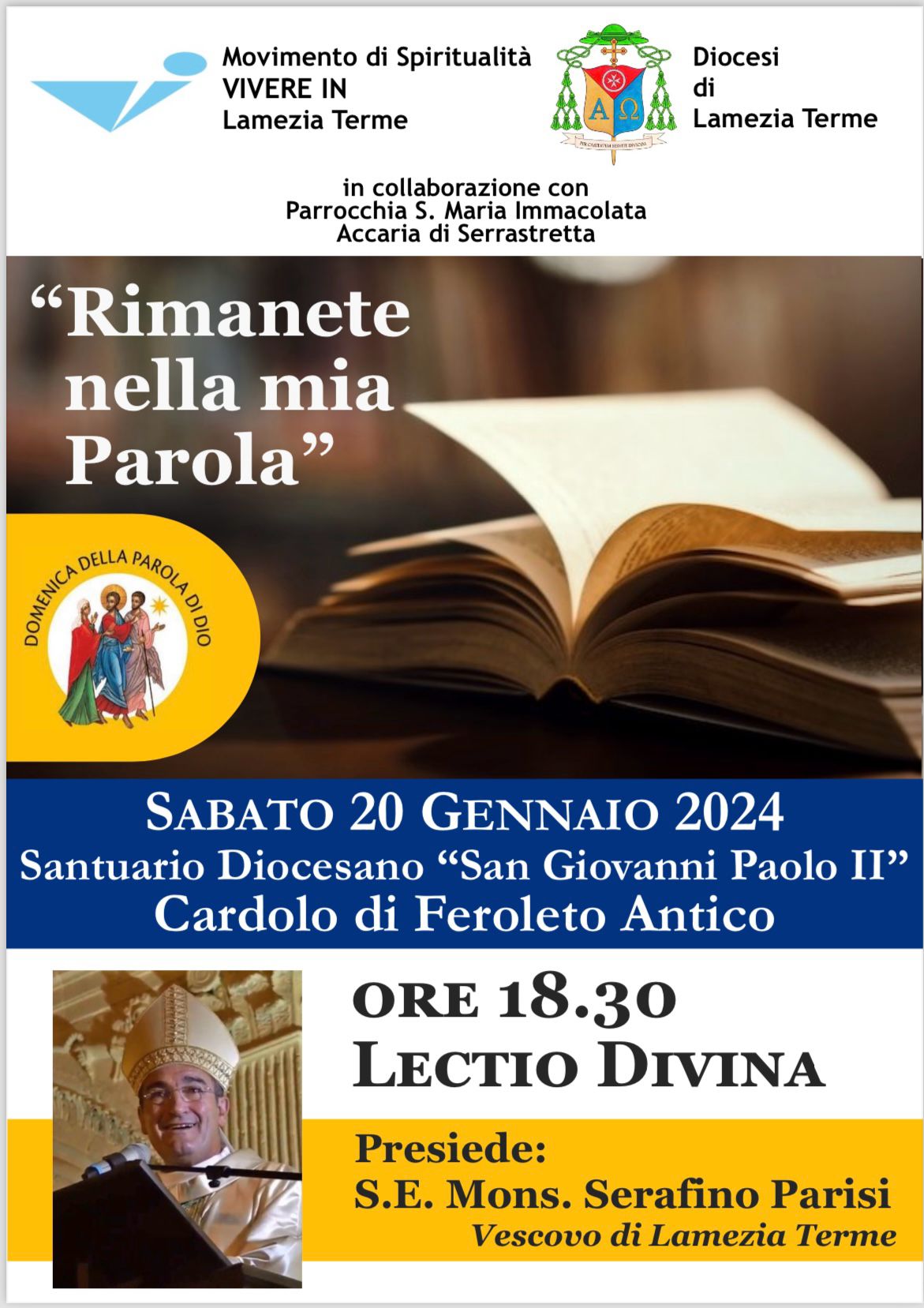 Il 20 gennaio Lectio Divina di mons. Parisi nel Santuario Diocesano "San Giovanni Paolo Il" in Cardolo di Feroleto Antico