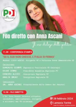 Lamezia Terme, il 28 febbraio l'incontro del Pd "Se il Sud non cresce, l’Italia si ferma” con Anna Ascani