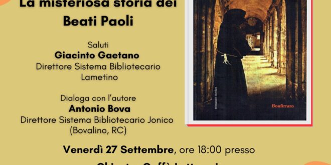 Lamezia, il 27 settembre presentazione libro 'I Vendicosi - La misteriosa storia dei Beati Paoli' di Nicola La Barbera