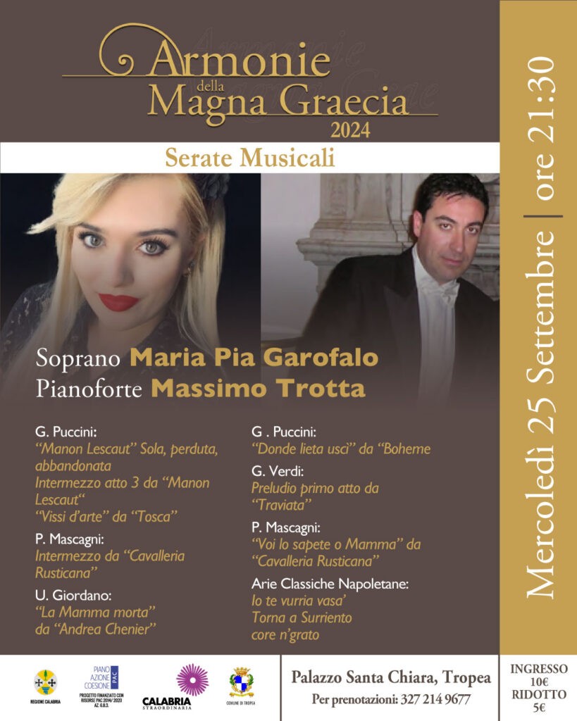 Armonie della Magna Graecia. Serata musicale con la Soprano Maria Pia Garofalo e il Pianista Demetrio Trotta