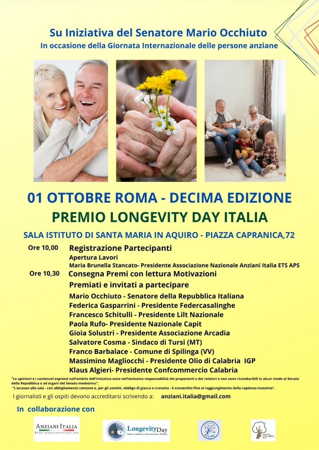 A Roma la decima edizione del Premio Longevity Day. Premiate anche personalità calabresi