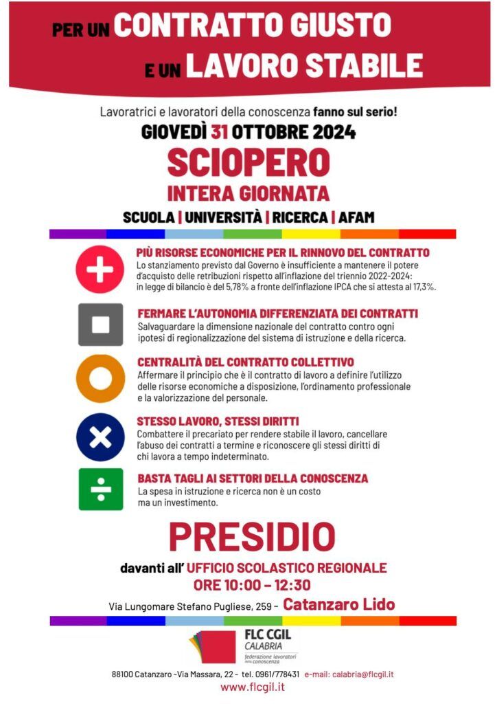 Flc Cgil Calabria, il 31 ottobre presidio davanti alla sede dell’Ufficio Scolastico Regionale