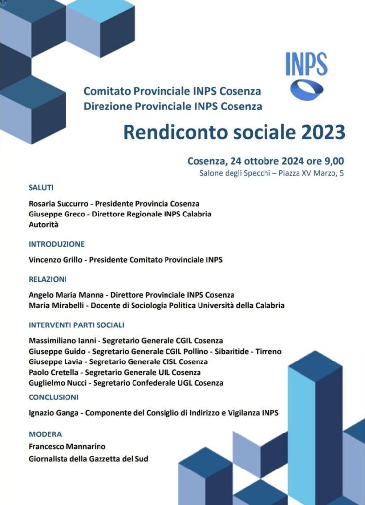 Rendiconto sociale: l'Inps di Cosenza si 'avvicina' ai cittadini. Giovedì 24 ottobre evento nel Salone degli Specchi della Provincia