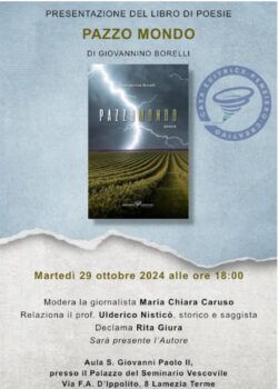 Lamezia, il 29 ottobre presentazione del nuovo libro di Giovannino Borelli 'Pazzo Mondo'