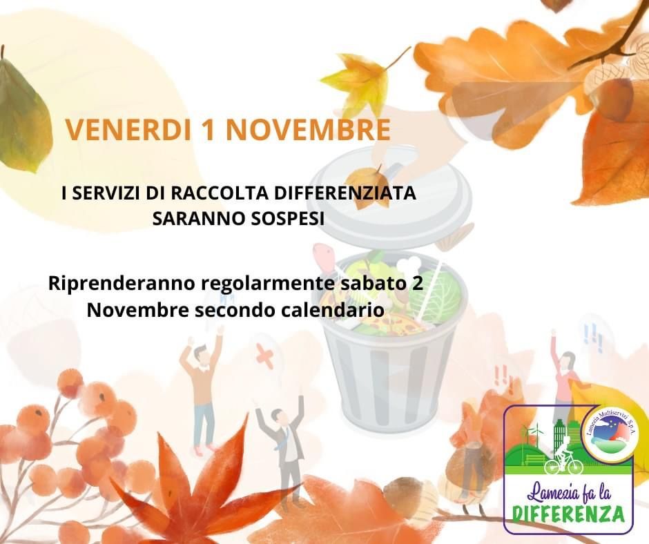 Lamezia, venerdì 1 novembre i servizi di raccolta differenziata saranno sospesi