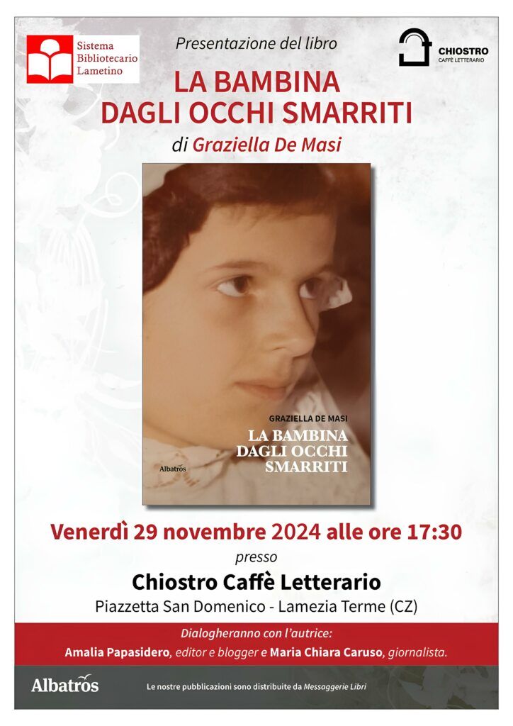 Lamezia, il 29 novembre al Chiostro presentazione del libro 'La bambina dagli occhi smarriti' di Graziella De Masi