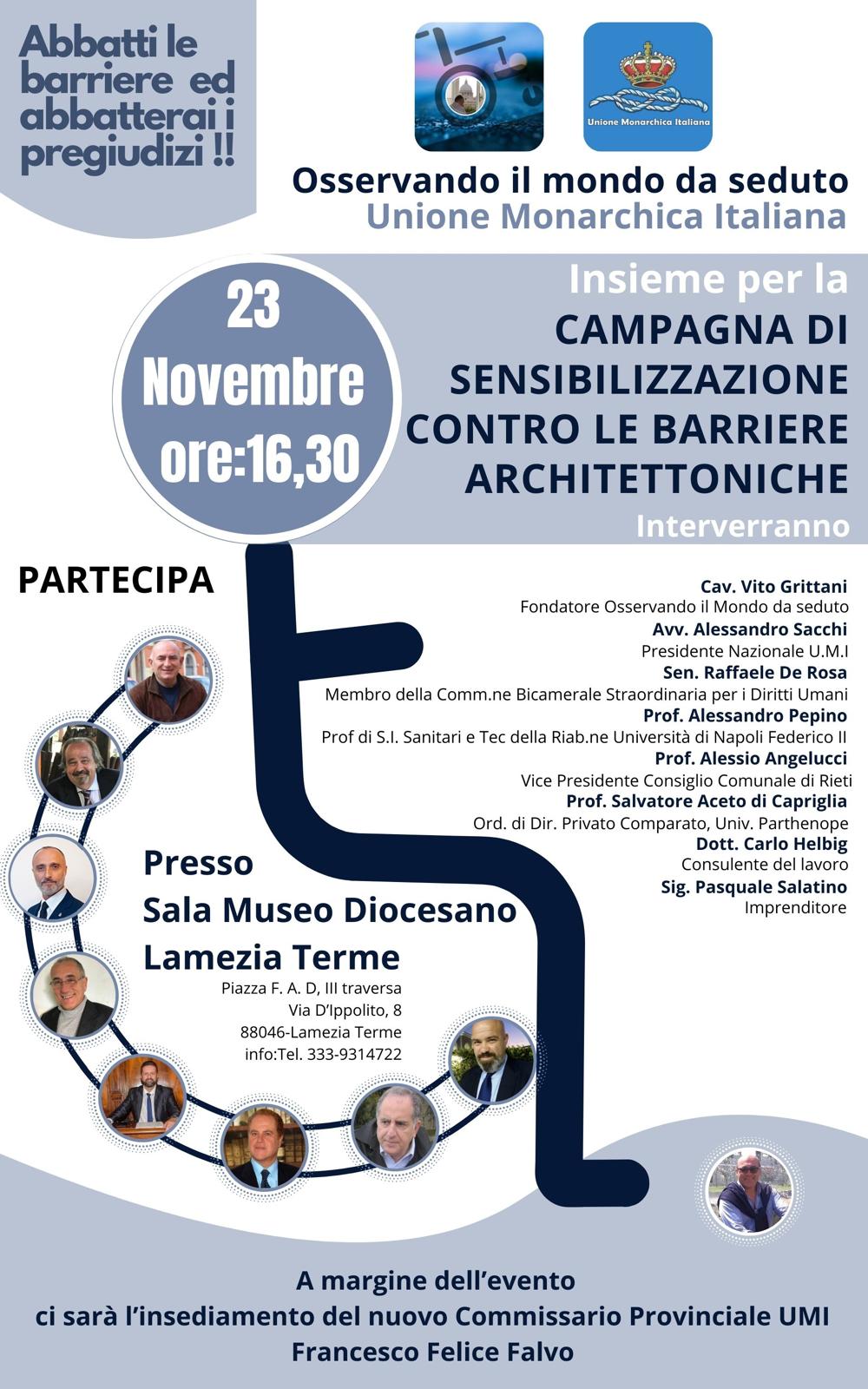 A Lamezia Terme il 23 novembre 'Insieme per la campagna di sensibilizzazione contro le barriere architettoniche'