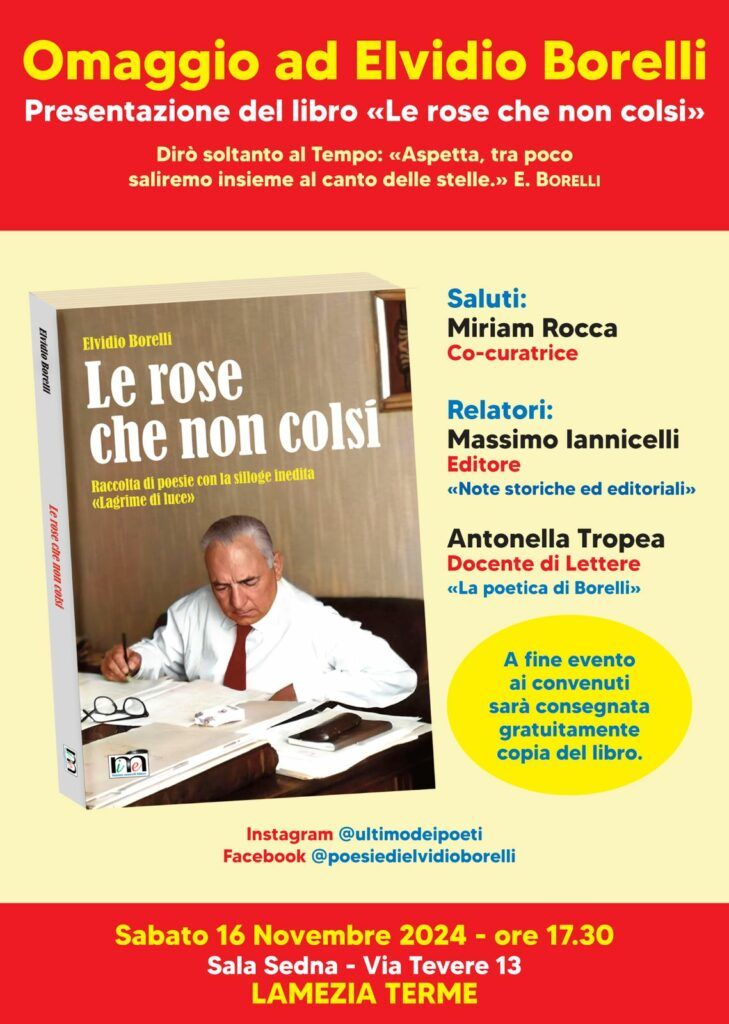 Lamezia, il 16 novembre presentazione del libro 'Le rose che non colsi' di Elvidio Borelli