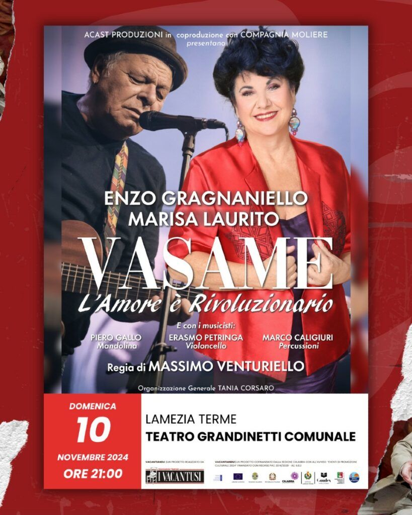 Lamezia, il 10 novembre Marisa Laurito ed Enzo Gragnaniello protagonisti di 'Vasame' un connubio di musica, parole e arte con filo conduttore l’amore