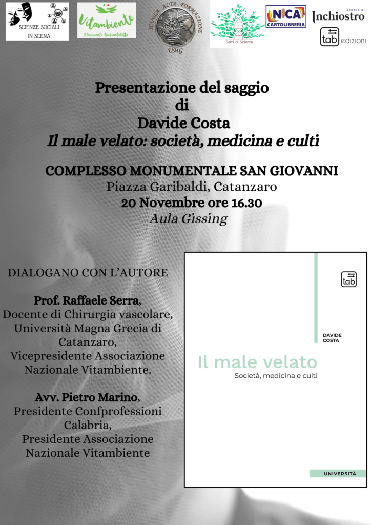 Il 20 novembre presentazione del saggio 'Il male velato: società, medicina e culti' di Davide Costa