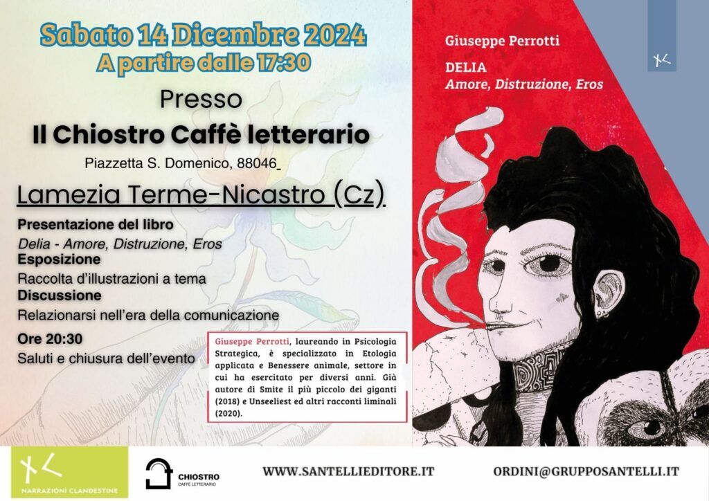 Lamezia, sabato 14 al Chiostro presentazione del libro 'Delia - Amore, Distruzione, Eros' di Giuseppe Perrotti