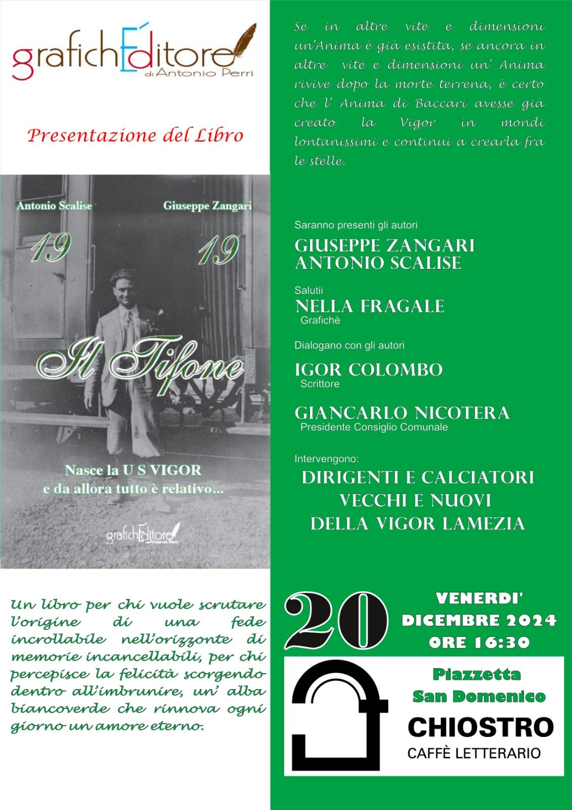 Lamezia, venerdì 20 al Chiostro presentazione del libro “Il Tifone” sulla nascita della Vigor