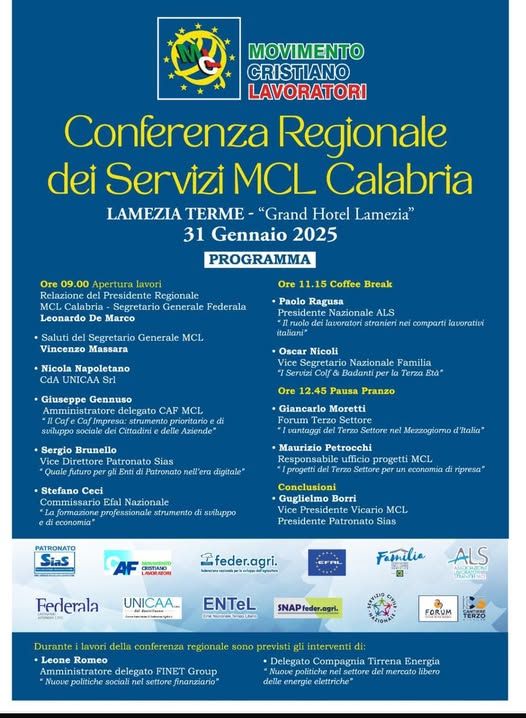 Lamezia, il 31 gennaio Conferenza Regionale dei Servizi del Movimento Cristiano Lavoratori