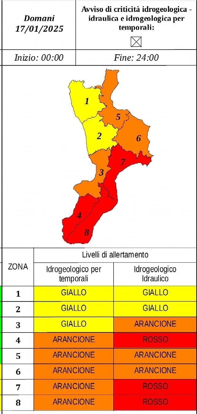 Maltempo, domani allerta rossa in alcune zone della Calabria