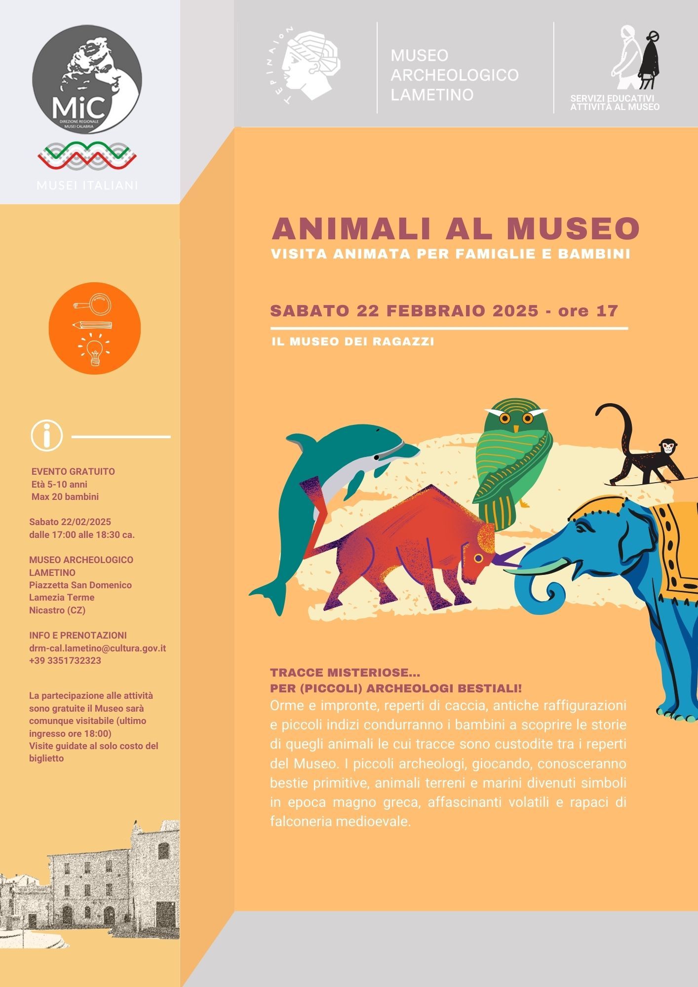 “Animali al Museo”, sabato 22 al Museo Archeologico Lametino visita animata per famiglie e bambini